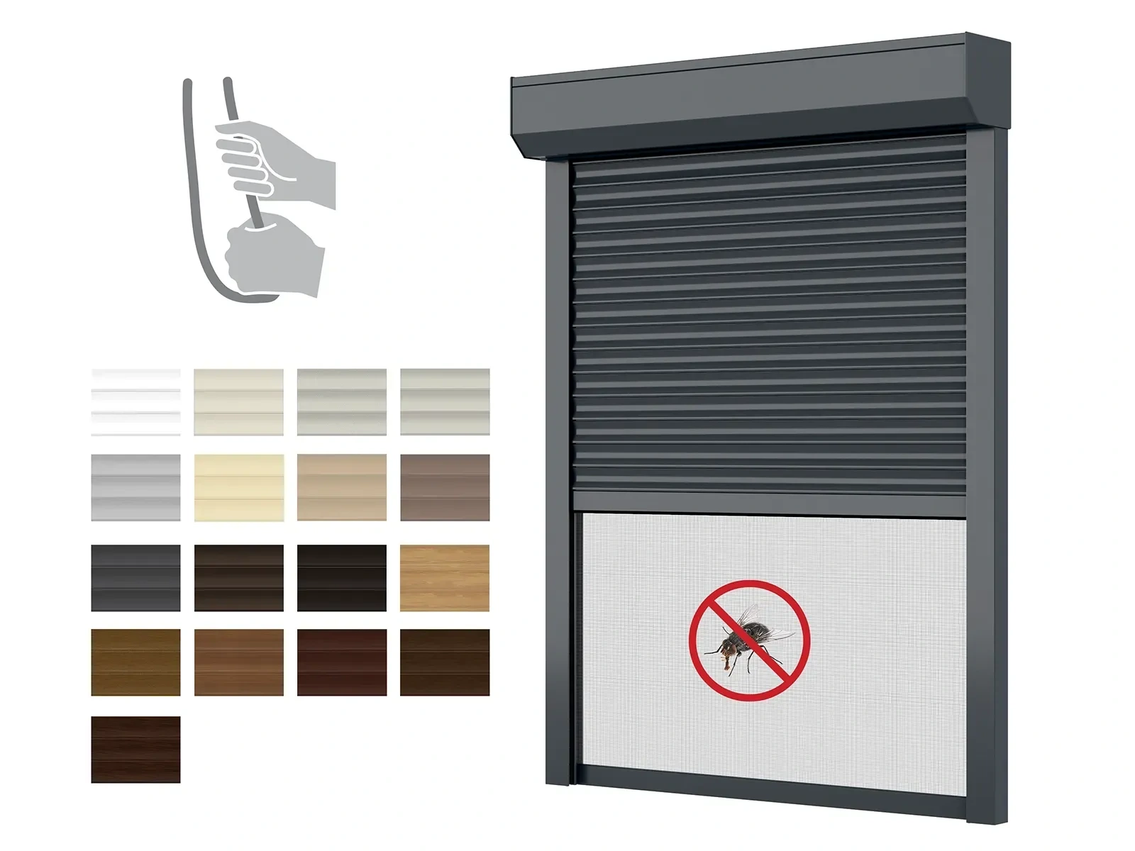 Al redőnyök 205mm Redőnytok beépített rovarhálóval - 2500 mm-es magasságig - KÉZI VEZÉRLÉS